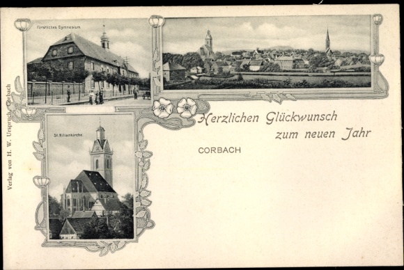 PC Korbach in Hesse, Panorama, Princely Gymnasium, St. Kilianskirche, Happy New Year