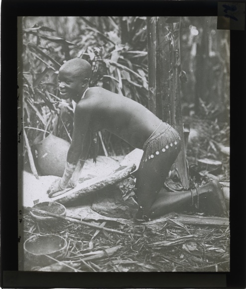 Glass positive German East Africa around 1913, Waschagga woman grinding flour