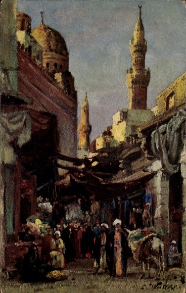 KP artystyczna Wuttke, Carl, Kair Kair Egipt, scena uliczna, minaret