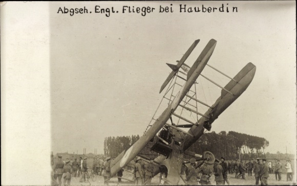foto Ak Haubourdin Nord, neergeschoten Engels vliegtuig, Eerste Wereldoorlog