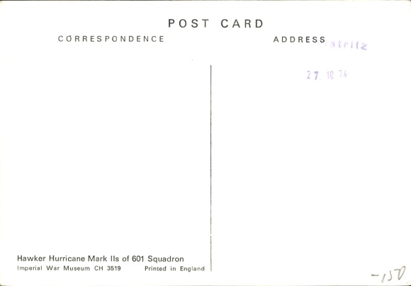 Postcard British fighter aircraft Hawker Hurricane Mark II, 601 Squadron, RAF