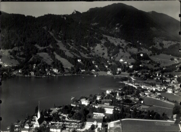 Postcard Tegernsee in Upper Bavaria, view of the town of Tegernsee with the church on the right...