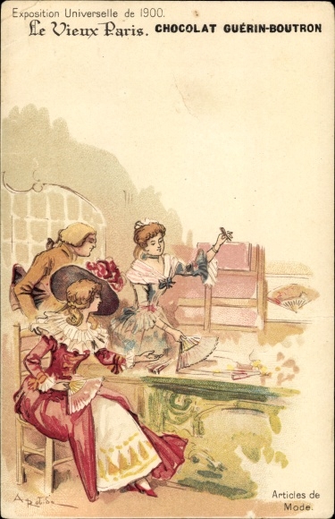Artist Chromo-Litho Robida, Old Paris, Expo 1900, Chocolate Guerin Boutron, Fashion Items