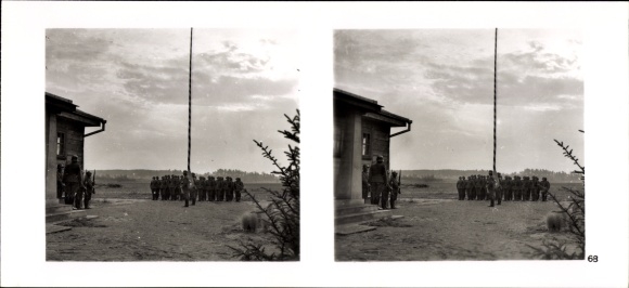 Stereo spatial image photo &quot;The Fuhrer&#39;s Soldiers in the Field&quot;, No. 68; Flag parade, German Russian border