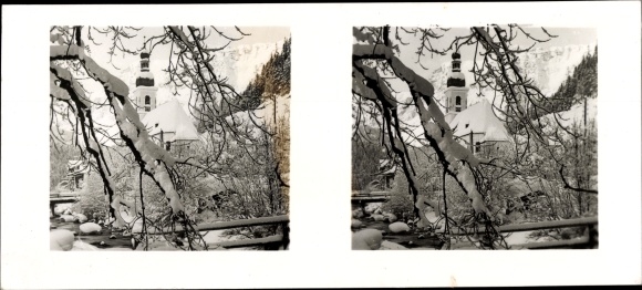 Stereo photo winter in Upper Bavaria Otto Schönstein, Ramsau in Berchtesgadener Land Upper Bavaria, church