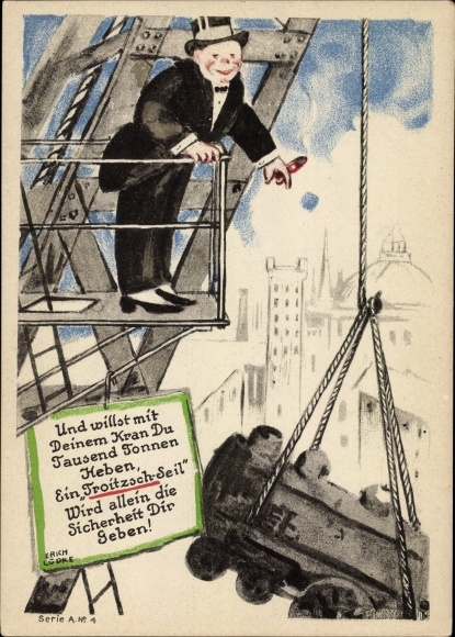 Artist PC Lüdke, E., Berlin Tempelhof, rope and cable works F. Troitzsch, crane, locomotive