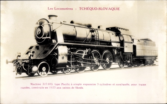 Postcard Czechoslovak railways, machine 387.003, type Pacific, steam locomotive