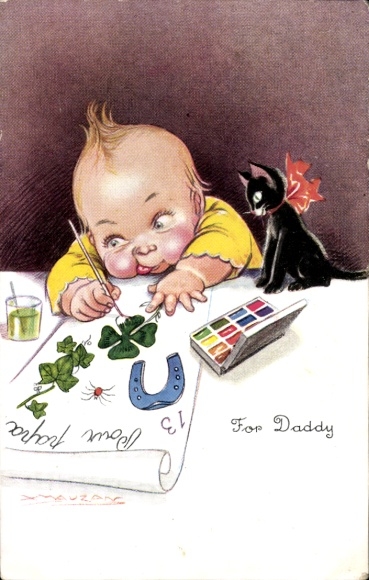Artist Postcard Mauzan, toddler paints lucky charm, house cat, paint box