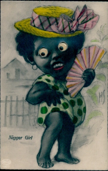 Mechanical Postcard African American girl, glass eyes, fan