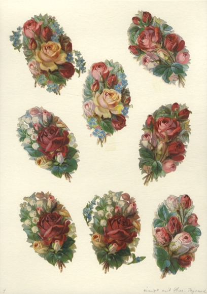 8 Oblaten Rosenbouquets mit Vergissmeinnicht und Maiglöckchen, je ca. 8,5 x 5,5 cm