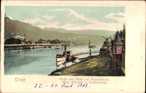 Ak Trier an der Mosel, Blick auf die Mariensäule, Mosel, Schiffe, Natur, Landschaft