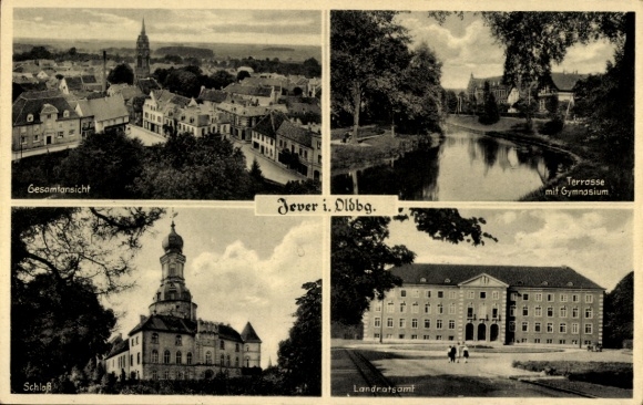 Postcard Jever in Friesland, terrace with gymnasium, general view, castle, district office