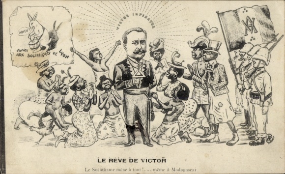 Postcard Mayor Victor Augagneur, Praying People, Soldiers, Caricature