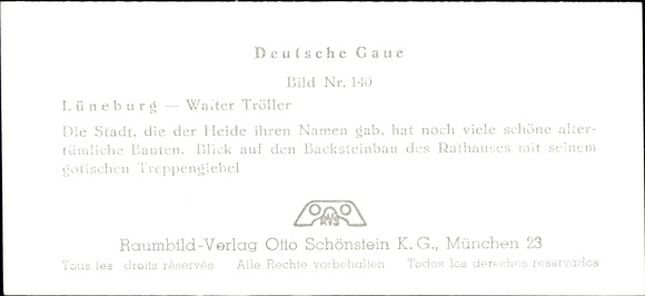Stereo spatial image photo &quot;Deutsche Gaue&quot;, No. 140 Lüneburg, town hall, stepped gable