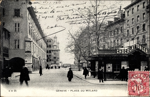 Miasto KP Genève Geneva, Place du Molard, piétons, Chocolat Tobler, Pharmacie