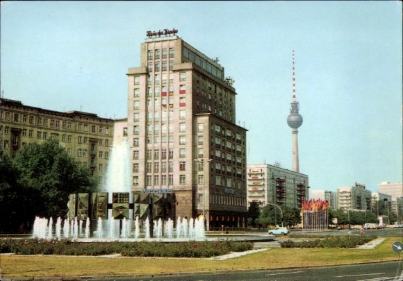 Postcard Berlin Friedrichshain, Strausberger Platz, TV Tower, Fountain, House of the Child