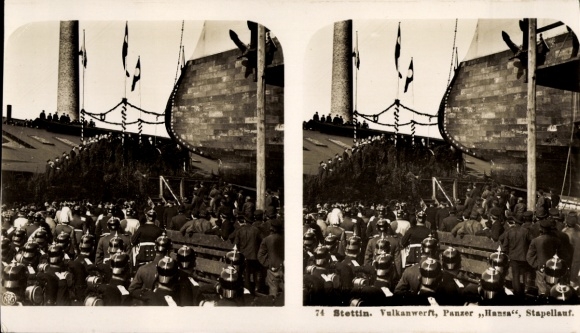 Stereo Postcard Szczecin Stettin Pomerania, Vulkan shipyard, launch of the ironclad Hansa