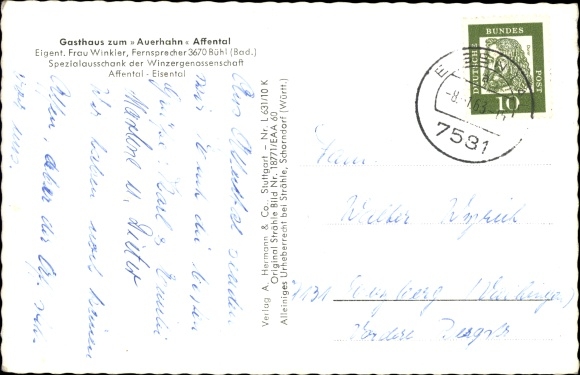Postcard Affental Bühl in Baden, monkey with wine bottle and glass, toast, aerial view