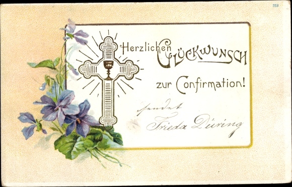 Präge Ak Glückwunsch Konfirmation, Kreuz, Veilchen