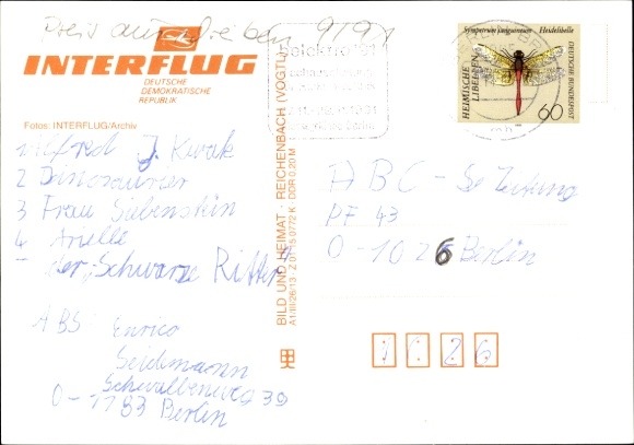 Postcard German passenger aircraft Ilyushin IL 62, Interflug, DDR SEL, pilots, stewardess