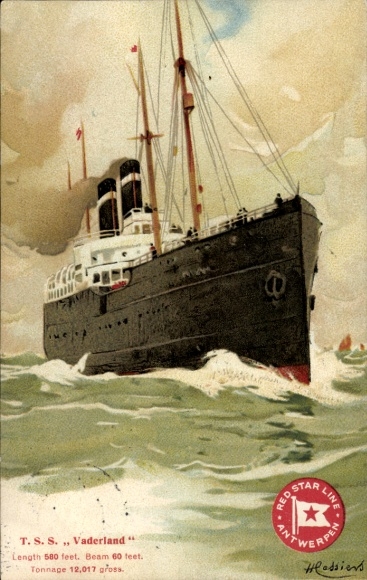 Artysta KP Cassiers, H., TSS Vaderland, Red Star Line Antwerpia, parowiec pasażerski