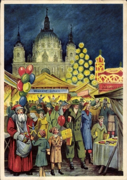 Postcard Berlin Mitte, Christmas market, Berlin Cathedral, Santa Claus