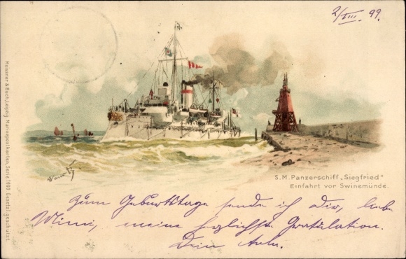 Artist Chromo-Litho Bohrdt, Hans, Swinemünde, German warship, SMS Siegfried, battleship