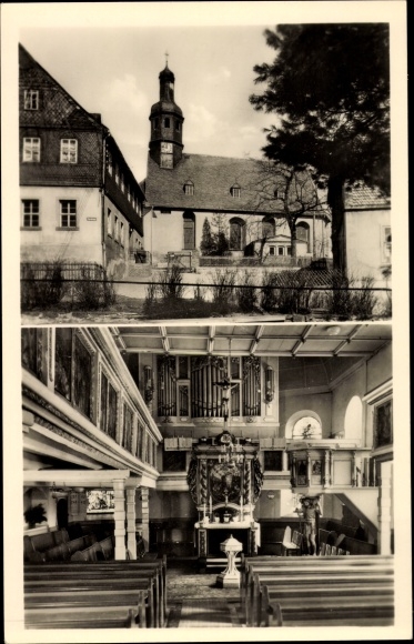Ansichtkaart Lauter Bernsbach in het Ertsgebergte van Saksen, kerk, binnen- en buitenaanzicht