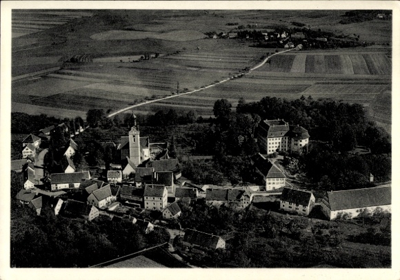 Ak Oberstadion in Oberschwaben, Luftaufnahme von  Kirche, ländliche Landschaft,  Gebäude