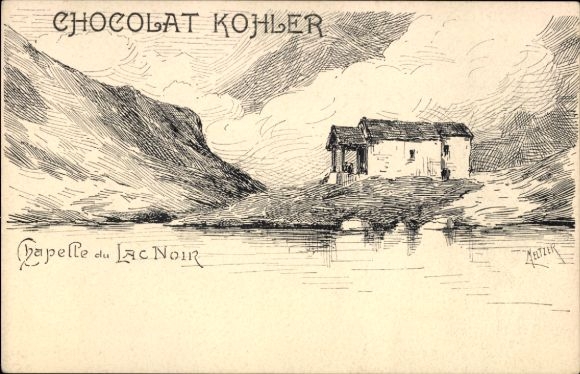 Artist Postcard Lac Noir Bad Schwarzsee Plaffeien Canton of Fribourg, house on the water, advertising Kohler