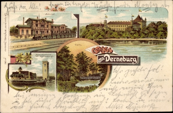Chromo-Litho Derneburg Holle in Lower Saxony, train station, observation tower, castle of the Counts of Münster, park