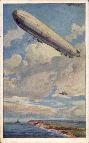 Artist Postcard Schulze, Hans Rudolf, Reichsmarine airship, watch on the German Baltic coast