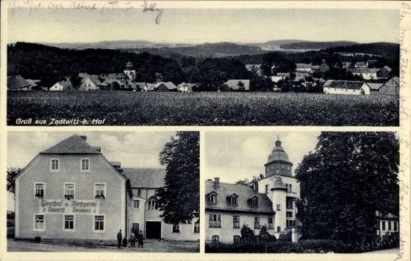 Postcard Zedwitz Feilitzsch in the district of Hof Upper Franconia Bavaria, Inn Eduard Benkert, Church