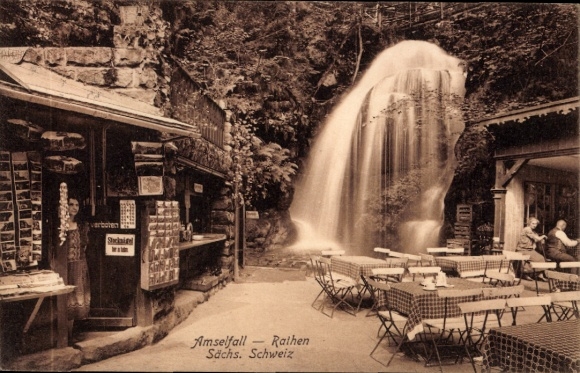 Postcard Rathen on the Elbe Saxon Switzerland, waterfall, restaurant, tables, chairs, stands