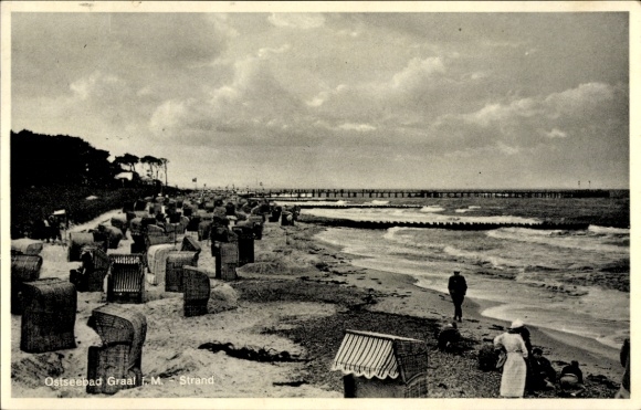 Postcard Ostseebad Graal Müritz, beach view with beach chairs, waves, cloudy sky, promenade