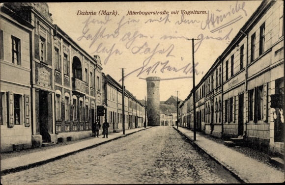 Postcard Dahme Mark, Jüterbogerstraße with bird tower