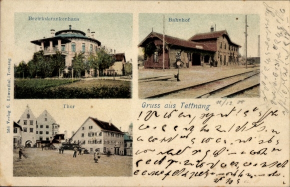 Ak Tettnang in Württemberg, Bezirkskrankenhaus, Bahnhof Gleisseite, Tor