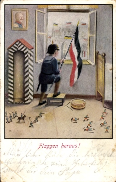 Künstler Ak Flaggen heraus, Junge in Uniform