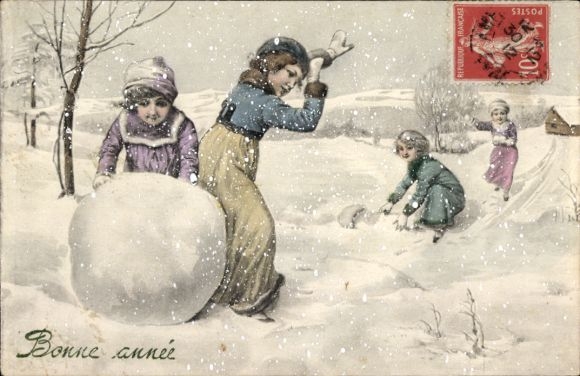 Ak Elbeuf Seine Maritime, 4 Kinder spielen im Schnee.