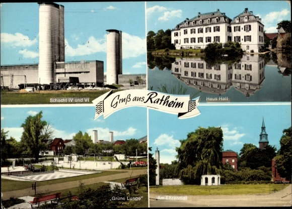 Postcard Ratheim Hückelhoven North Rhine-Westphalia, Shaft IV and VI, Hall House, Green Lung, Memorial