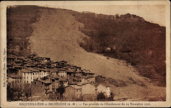 Postcard Roquebillière Alpes Maritimes, View of the 1926 disaster, Village of Bellevedere