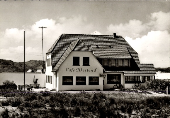 Postcard North Sea resort Wangerooge in East Frisia, Pension Café Westend, owner A. Metsch