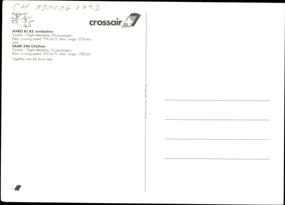 PC Swiss passenger aircraft, AVRO RJ 85 Jumbolino, SAAB 340 Cityliner, Crossair