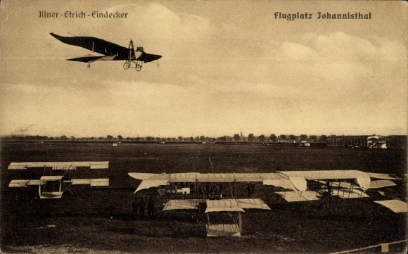 Postcard Berlin Treptow Johannisthal, Illner-Etrich monoplane, biplane