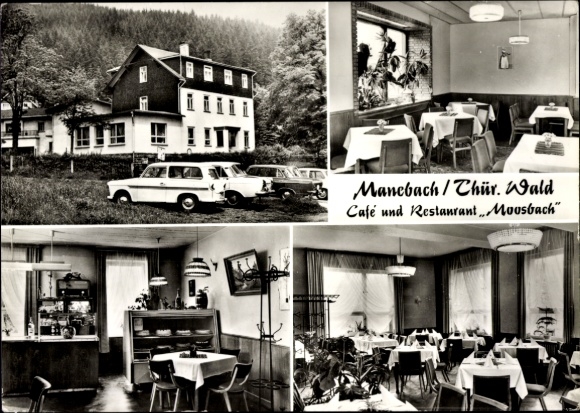 Postcard Manebach Ilmenau in Thuringia, Cafe and Restaurant Moosbach, exterior view, interiors