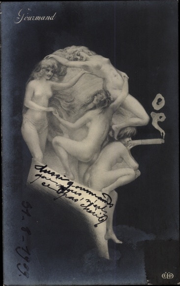 Artist Postcard Woman&#39;s body, man&#39;s face with cigarette, metamorphosis, gourmand