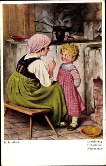 Artist Postcard Kaulbach, H., admonition, woman with child, kitchen