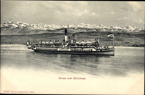 Ansichtkaart groeten uit het meer van Zürich, salonboot