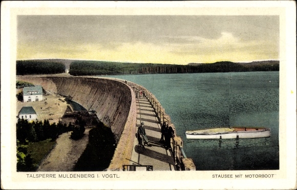 Postcard Muldenberg Grünbach in Vogtland Saxony, dam, reservoir with motor boat