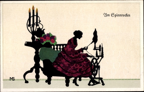 Paper cut Postcard Graf, Marte, On the distaff, woman on the spinning wheel